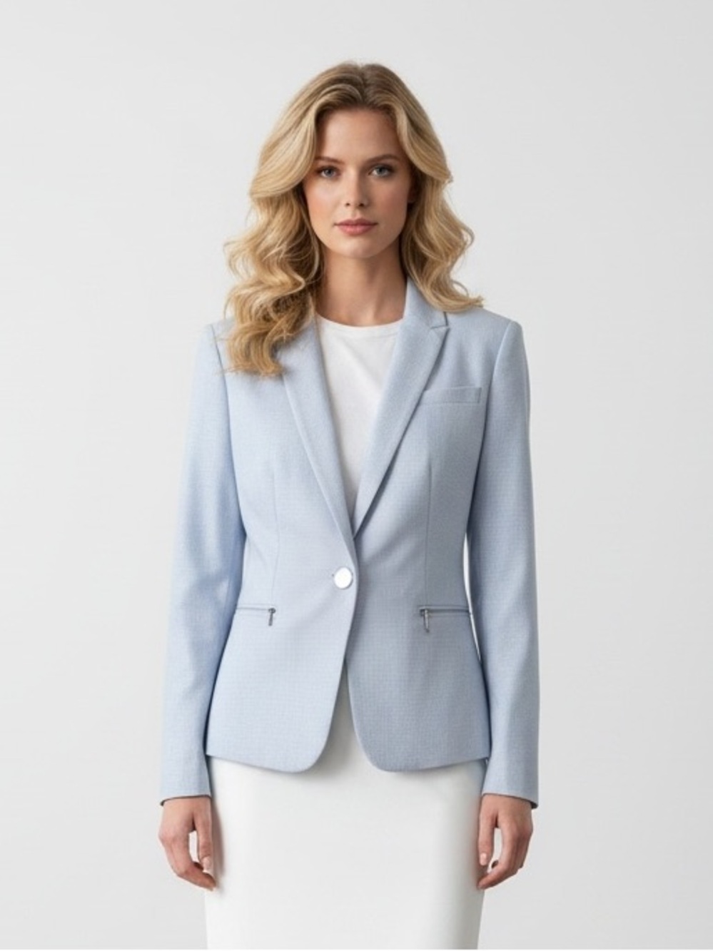 Calvin Klein Powder Blue Textured Blazer Jacket with Silver Zip Pockets Size 8